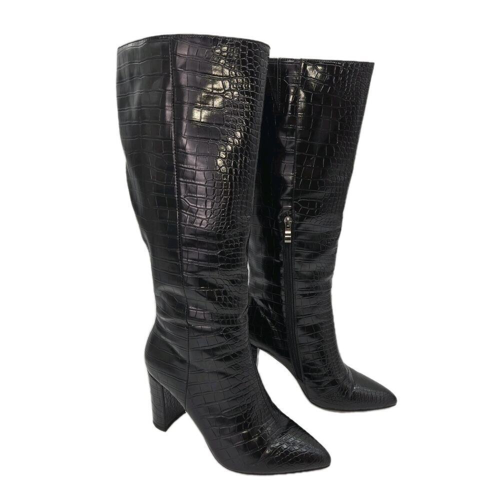 Modatope Ravelle Riding Boots Croc Skin Faux Leather Block Heel Sz 7 MOBWIFE NEW